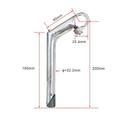 Ride-Ready Gooseneck Bike Stem Aluminum Alloy For 22.2mm Fork Tube And 25.4mm Handlebar, silver finish with measurements