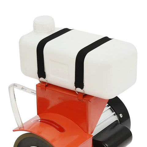 Top view of white water tank on Circular Saw Blade Sharpener 370W Angle Mill Grinder with secure straps.
