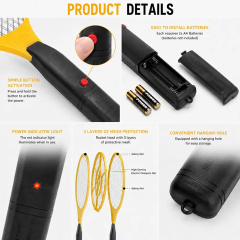 Two Pack Handheld Bug Zapper Racket For Mosquitoes And Insects With 3000V High Voltage Electric Fly Swatter detailing features like easy battery installation, power indicator light, and mesh protection.