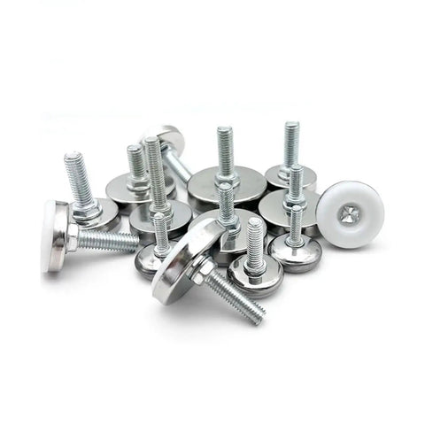 16 Piece Heavy Duty Furniture Levelers Screw In Anti Wobble Table Feet With White Poly Glides For Precise Height Adjustment And Total Rock Solid Floor Support displayed on a white background.