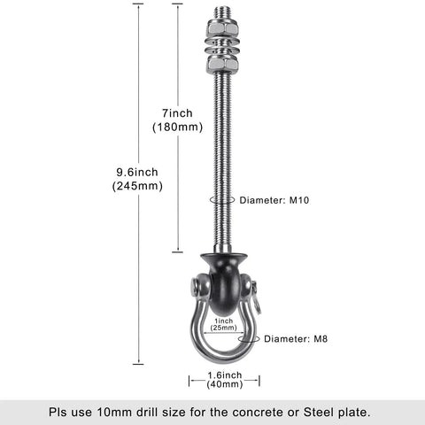 Heavy Duty Swing Hangers Rust Resistant Stainless Steel 304 Swivel Bolts with dimensions 9.6 in, 7 in and 1.6 in for secure mounts.