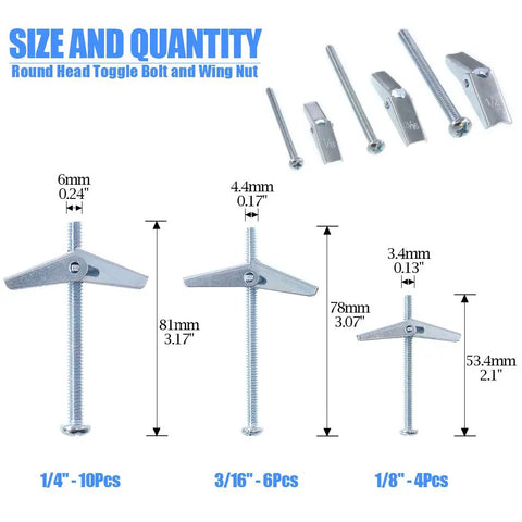 Beefy Heavy Duty Toggle Bolt And Wing Nut Kit 24 Piece Set With One Eighth Inch Three Sixteenth Inch And One Quarter Inch Sizes Zinc Plated Steel Round Head Fasteners For Hanging Heavy Stuff On Drywall. Sizes shown