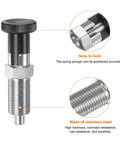 Heavy Duty Push Fit Ball Nose Spring Plunger With Dead Nuts Tight Self Locking Grip And Premium Stainless Steel Retractable Index Plunger close-up of locking mechanism and stainless steel threads.