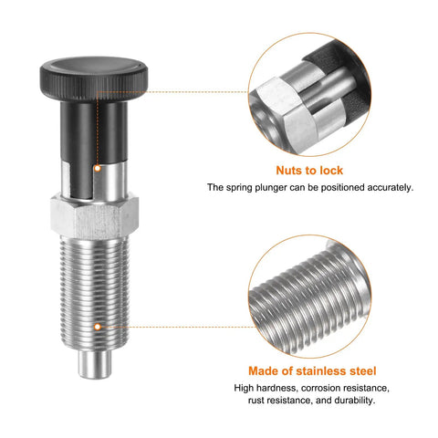 Heavy Duty Push Fit Ball Nose Spring Plunger With Dead Nuts Tight Self Locking Grip And Premium Stainless Steel Retractable Index Plunger close-up of locking mechanism and stainless steel threads.