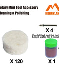 Flet Polishing Wheel Kit For Dremel Rotary Tools, 125-Piece Felt Polishing Wheels; shows 120 wheels, 4 mandrels, 1 paste.