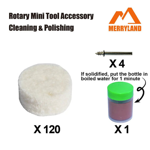 Flet Polishing Wheel Kit For Dremel Rotary Tools, 125-Piece Felt Polishing Wheels; shows 120 wheels, 4 mandrels, 1 paste.