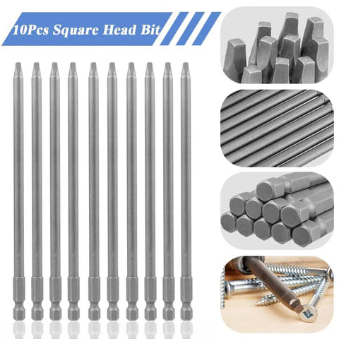 Ten Piece Square Drive Bit Set With One Quarter Inch Shank Magnetic SQ2 Square Head Bits Five Point Nine Inch Length Heavy Duty