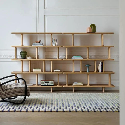 Retro Style Floor Standing Book Shelf With Open Multi Layer Shelves For Living Room Or Office, Wall Mount Option, showing wooden design.