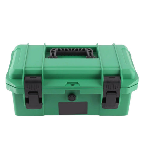 Front view of green Tractor Tool Box Portable Organizer With Removable Tray Durable PP Plastic Carrier for UTV ATV Truck Car Universal Fitment