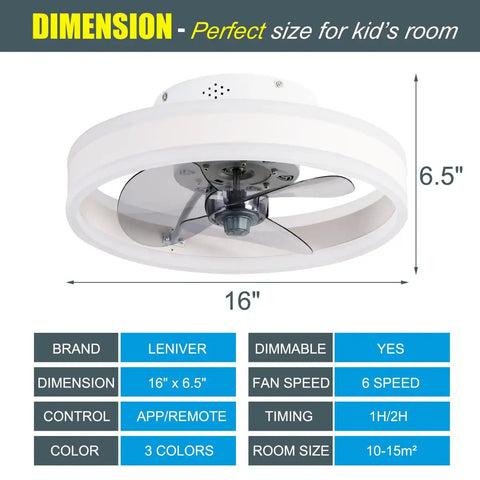 Dope 16 Inch Bladeless Ceiling Fan With Lights Remote And App Control shown with dimensions and features chart