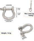 Diagram showing 8 Piece Stainless Steel Screw Pin Anchor Shackle Set with dimensions and load capacity for marine use.