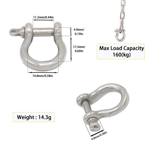Diagram showing 8 Piece Stainless Steel Screw Pin Anchor Shackle Set with dimensions and load capacity for marine use.
