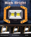 Rechargeable LED Work Light 30W 1500LM Portable Flood Light On The Go with Magnetic Base, showing brightness modes
