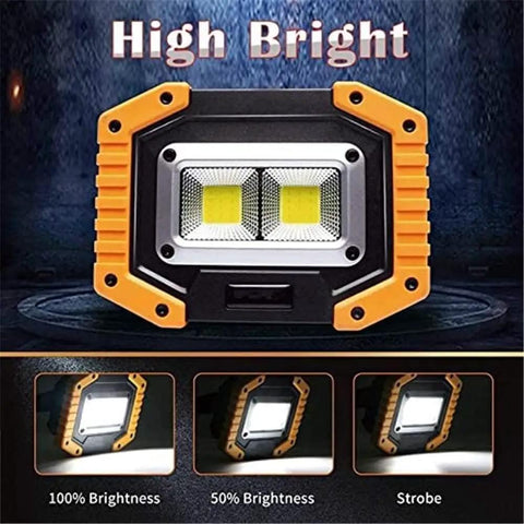 Rechargeable LED Work Light 30W 1500LM Portable Flood Light On The Go with Magnetic Base, showing brightness modes