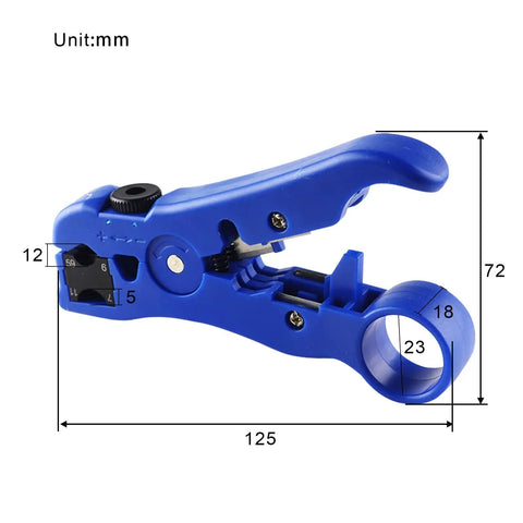 Universal Coax And Cat5 Cat6 Stripping Tool For RG59 RG6 RG7 RG11 Reversible Cassette with Adjustable Blade in blue