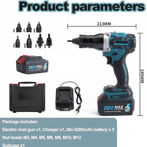 Cordless Electric Rivet Nut Gun Set With 26 Volt Battery Heavy Duty Automatic Rivet Tool Kit For Fasteners showing electric rivet gun, nut heads, charger, and battery.
