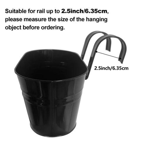 Black metal pot with detachable hooks, for rail up to 2.5inch/6.35cm, part of Four Pack Hanging Flower Pots, Metal Iron Wall Planter.