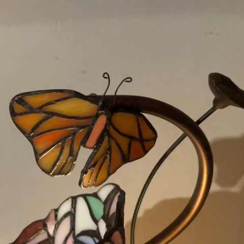 Butterfly Lily Flower Tiffany Style Stained Glass Accent Table Lamp Night Light with removable butterfly accessory.