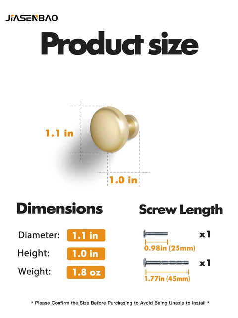 Dimensions of Brushed Gold Cabinet Knobs Round Brass Drawer Pulls Zinc Alloy 2 Pack including screw length and weight.