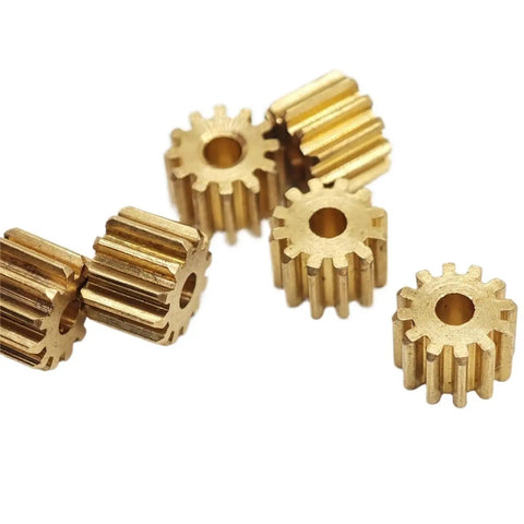 Five Pack 0.4 Module Brass Spur Gears Set, 4mm Thick, Straight Cut, 11T 12T 13T 14T Teeth, Tight Fit Bores 1.5mm, 1.98mm, 2mm, Easy Install For RC Cars, Drones, And Robotics Projects, brass spur gears arranged on white background