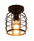 Industrial Vintage Flush Mount Ceiling Light with Metal Cage Pendant in black, E26 base, UL listed, glowing bulb not included