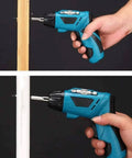 Cordless Lithium Electric Hammer Drill And Impact Driver Kit featuring precision bits, used for drilling into wood and plastic.