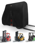 Forklift cover, black 600D fabric; fits forklifts up to 8000 lbs, front zipper door, four forklifts shown