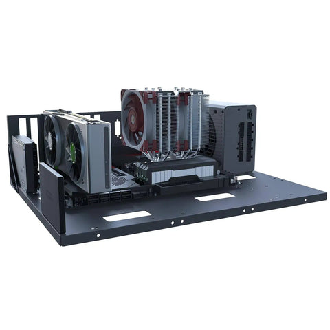 Open Frame Gaming PC Case And Test Bench Rig For E-ATX ATX M-ATX ITX Motherboards, open air chassis with mounted components, black