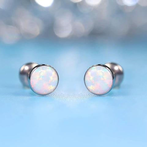 Solid Implant Grade Titanium Screw Back Earrings Made For Sensitive Skin With Hypoallergenic F136 Studs, featuring white opal stones.