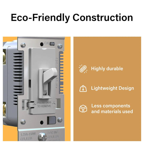Top Shelf Buttery Smooth Toggle LED Dimmer Light Switch Featuring Advanced Flicker Free Tech Up To 150 Watts Eco-friendly construction close-up.