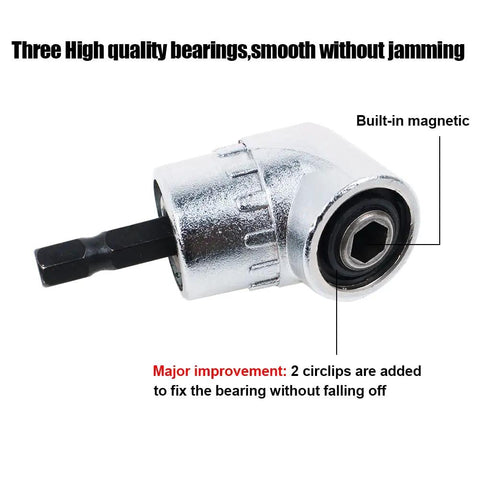 Chrome vanadium 105 degree right angle drill attachment with magnetic bit socket, quick change 1/4 inch drive, for tight spots.