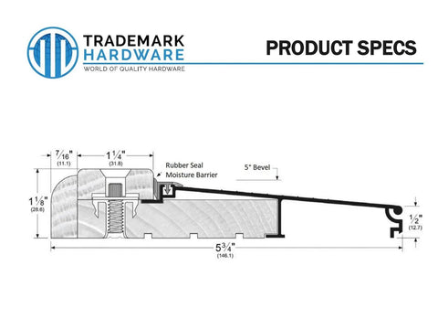 Cross-section diagram of Adjustable Exterior Door Threshold With Aluminum Build And Solid Oak Riser 36 Inch Long Five Point Seven Five Inch Wide One And One Eighth Inch High Built To Last Durable Threshold Seal For Pre Hung Exterior Doors with measurements and components labeled.