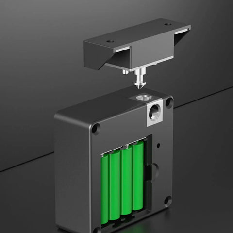 Seamless NFC Electronic Drawer Lock With Discreet Invisible Cabinet Mount showing internal battery compartment and flat design.