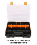 Built Tough 34 Compartments Toolbox Organizer Set With 20 Removable Dividers For Screws Nuts And Small Parts Clear Lid Black And Orange Plastic Case Large 15 Inch Long By 11.6 Inch Wide By 2.6 Inch Deep Two Piece Set