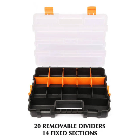 Built Tough 34 Compartments Toolbox Organizer Set With 20 Removable Dividers For Screws Nuts And Small Parts Clear Lid Black And Orange Plastic Case Large 15 Inch Long By 11.6 Inch Wide By 2.6 Inch Deep Two Piece Set