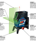 Pro Level 12V Green Beam Cross Line Laser With 100 Foot Reach And Smart Visimax Tech side view highlighting features and design.
