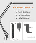 Image showing package contents for Clamp On Swing Arm LED Desk Lamp With 80 LED Beads 5 Color Modes And 11 Brightness Levels 360 Degree Adjustable Arm Eye Caring CRI95 Light Timer And Memory Function Lit For Office Study Crafting, including an LED desk lamp, sturdy clamp, and 5V2A adapter.