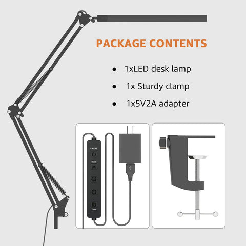 Image showing package contents for Clamp On Swing Arm LED Desk Lamp With 80 LED Beads 5 Color Modes And 11 Brightness Levels 360 Degree Adjustable Arm Eye Caring CRI95 Light Timer And Memory Function Lit For Office Study Crafting, including an LED desk lamp, sturdy clamp, and 5V2A adapter.