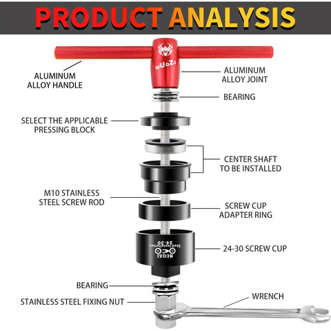 Exploded view of All In One Bike Bottom Bracket Bearing Install Removal And Headset Press In Tool Kit components with labels.