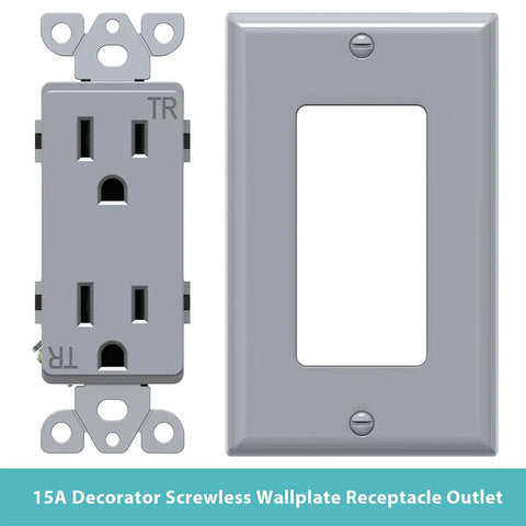 Decorator Electrical Wall Outlet Gray Tamper Resistant Duplex Receptacle 15A 125V with matching wall plate front view