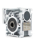 Aluminum NMRV30 worm gear reducer with 1:10 ratio, front bearing, and nameplate