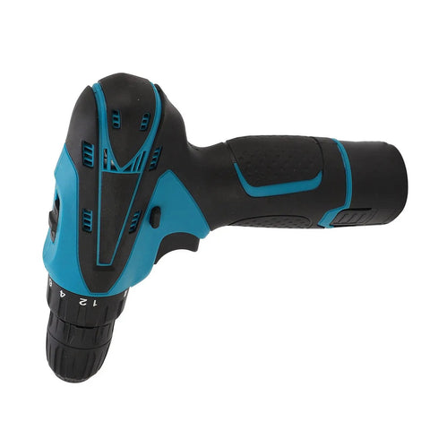 Tough As Nails 12V Cordless Drill Packed With A Sleek 1300mAh Lithium Battery Two Fast Speed Modes And A Bright Built In Led Work Light handheld drill showing keyless chuck and grip.
