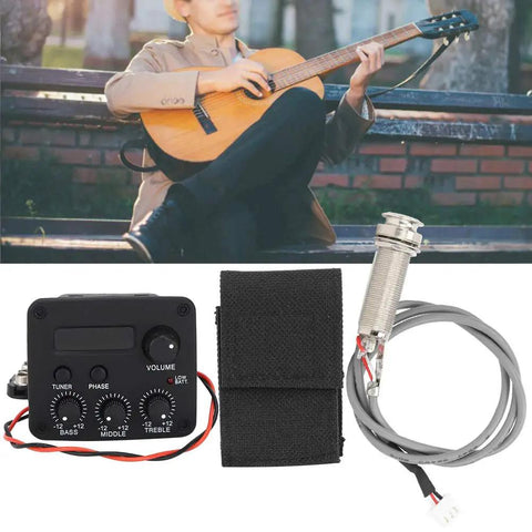 Three Band EQ Preamp Guitar Pickup System with LCD Display and cables, includes volume and tone control knobs, outdoor setting