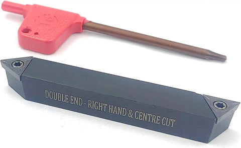 Pro Grade Double End Indexable Turning Tool For CNC And Lathe With 20 Millimeter Square Shank Right Hand And Center Cut Includes 2 TCMT Carbide Inserts Torque Screws And Key Hardened Epoxy Black Finish visible with tool