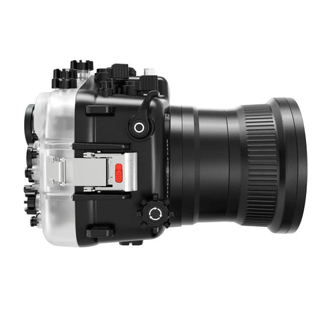 Side view of Underwater Housing For Sony A7 IV With FL16 55 Flat Port 40 Meters 130 Feet Dive Ready Waterproof Case, full access shown.