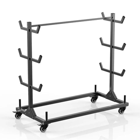 Heavy Duty Mobile Conduit And Lumber Storage Rack Rock Solid Build With Six Swivel Caster Wheels Smooth Sailing Alloy Steel Pipe Organizer For Daily Grind, black frame with swivel wheels.