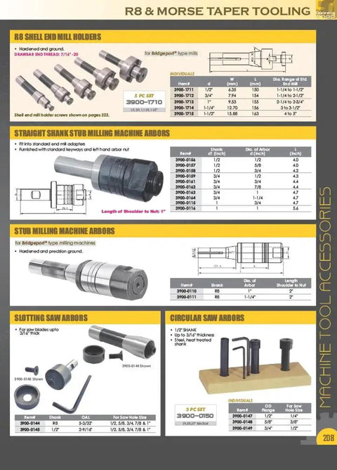 Catalog page showing various R8 and Morse taper tooling options, including R8 ER-32 Collet Chuck With Drawbar End And Spanner Nut.