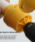 Close-up of an electric drill PVC pipe threader kit with internal and external dies, showing durable plastic head for threading.