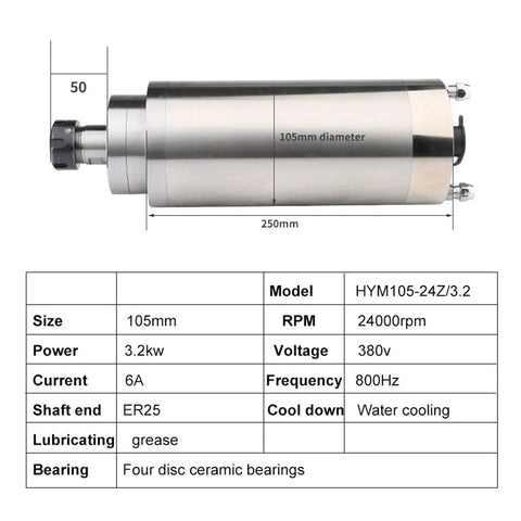 Diagram of 380V ER25 CNC Water Cooled Spindle With 3.2kW Constant Power Motor, showing dimensions and specifications.