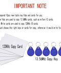 Image of Dual Frequency Access Card Copier And RFID Writer Reader 125KHz 13.56MHz with blue key fobs and white cards.